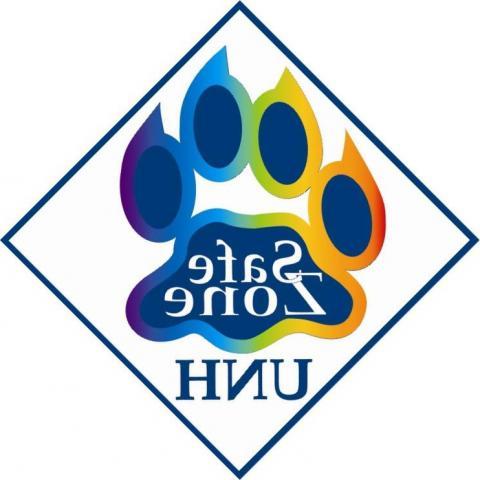 The 安全区域 sticker features a rainbow UNH wildcat paw with the words Safe Zone and UNH.