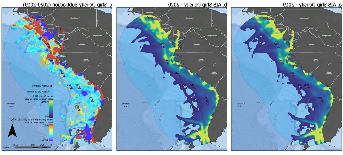 三张美国地图.S. 东海岸显示了在COVID-19封锁之前和期间水下噪音水平的变化. 
