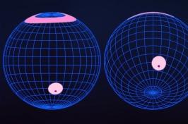 Illustration of two spheres, in shades of purple and pink, 它代表了从地球上看到的中子星.