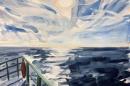 Watercolor of bow of boat with sun over ocean horizon.